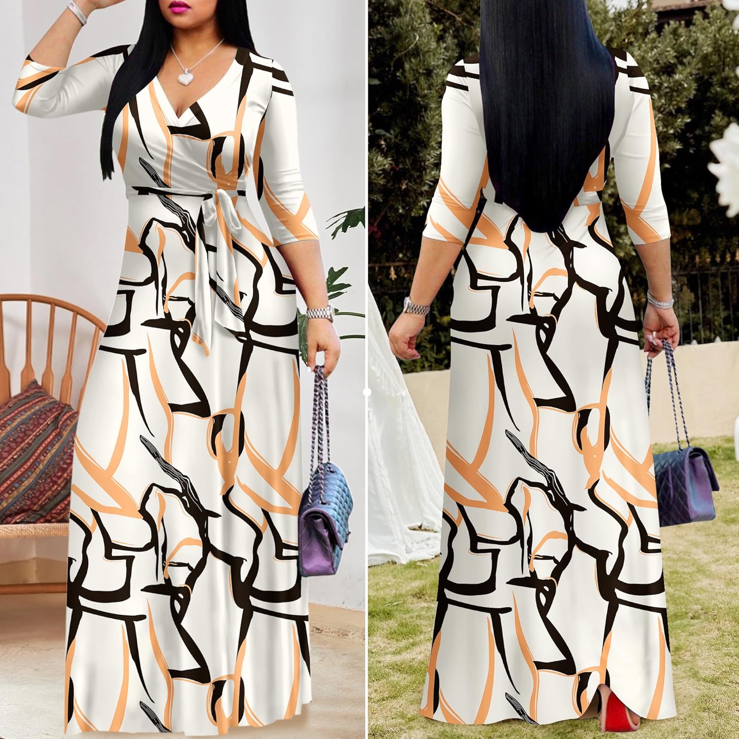 FANDEE Plus Size Maxi Dress for Women Casual Summer Sundress V-Neck 3/4 Sleeve