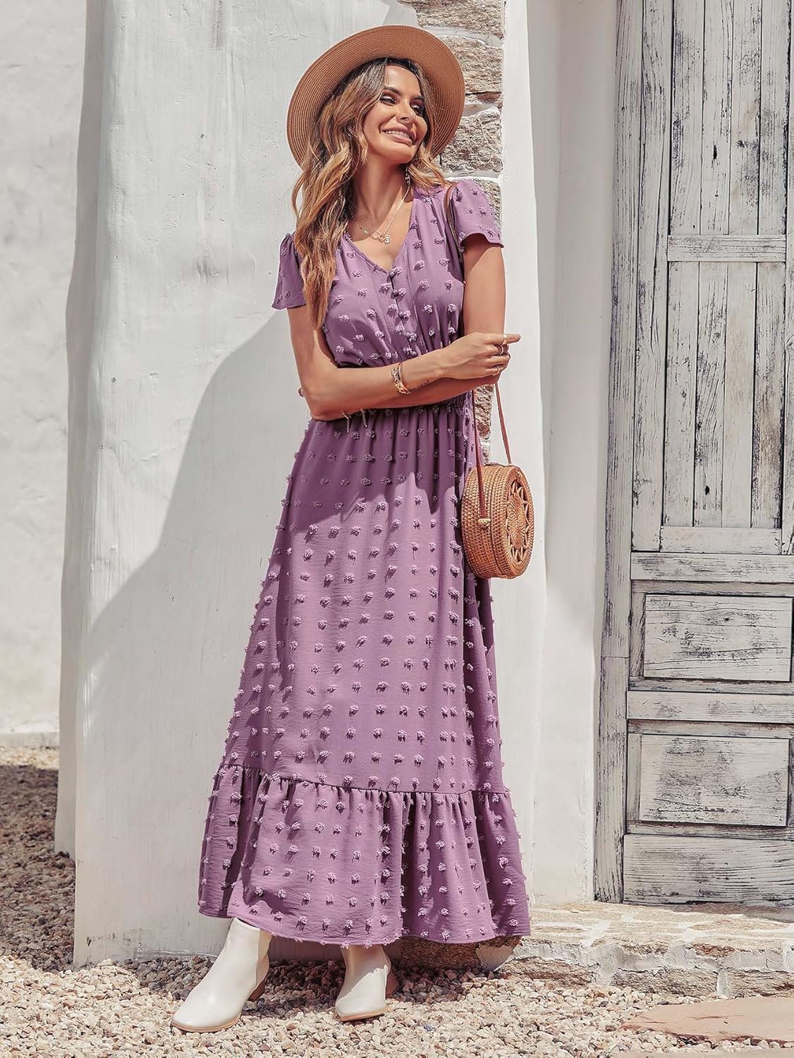 PRETTYGARDEN Womens Dresses 2025 Summer Maxi Dress Boho Short Sleeve V Neck Swiss Dot Ruffle Tiered Smocked Flowy Long Dress