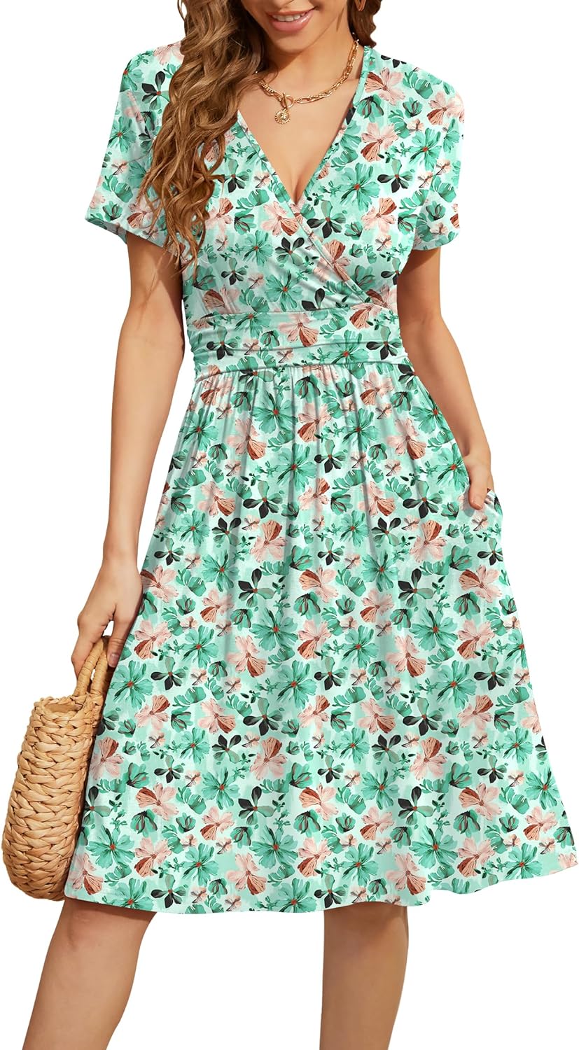 WEACZZY Women's Summer Short Sleeve Casual Dresses V-Neck Floral Party Dress with Pockets
