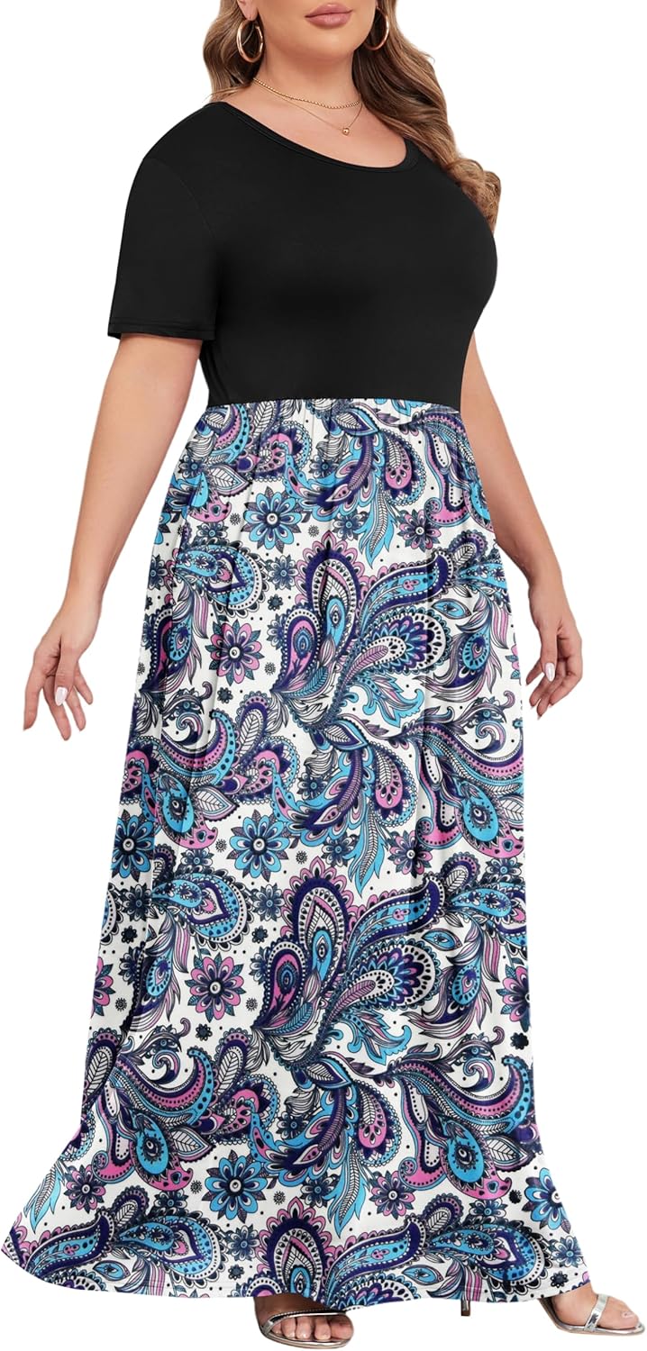 KARALIN Women’s Plus Size Maxi Dresses for Curvy Women Summer Casual Short Sleeve 2025 Long Dress 14W-26W