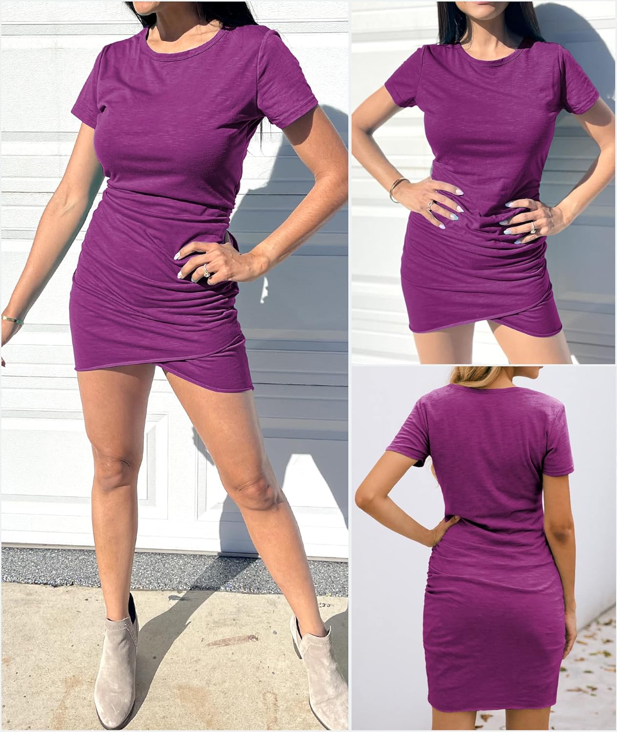 BTFBM Women's 2025 Summer Casual Beach Dresses Crew Neck Short Sleeve Wrap Party Club Mini Ruched Bodycon T Shirt Dress