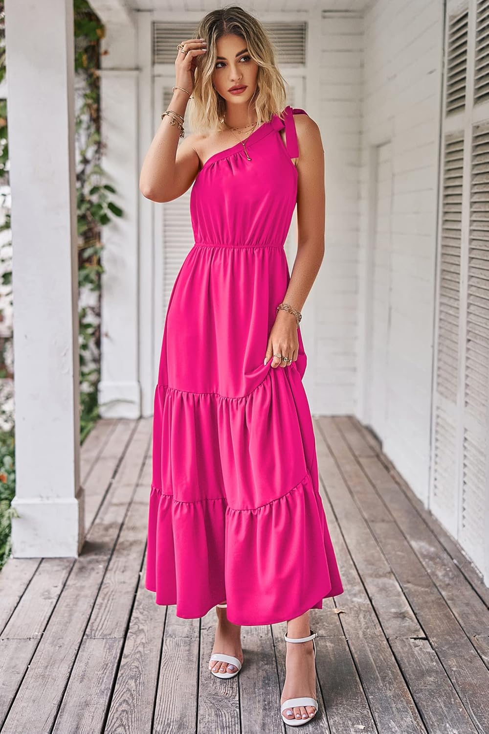 PRETTYGARDEN Women's Summer Floral Maxi Dress Knot One Shoulder Sleeveless Ruffle Flowy Boho Beach Wedding Guest Dresses