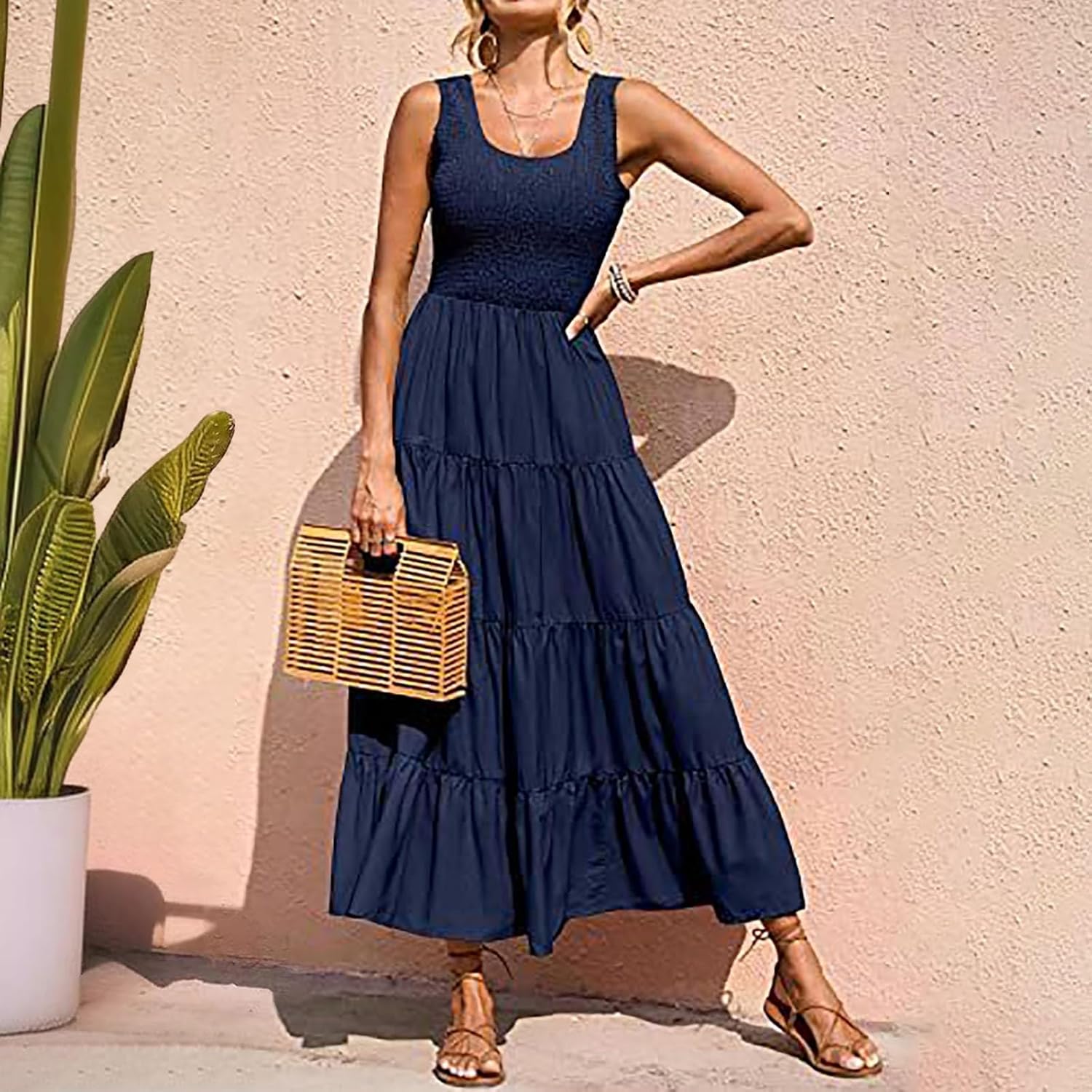 Women Summer Sleeveless Dressees Boho Maxi Dress Casual Smocked Square Neck Sundress a Line Beach Wedding Dresses