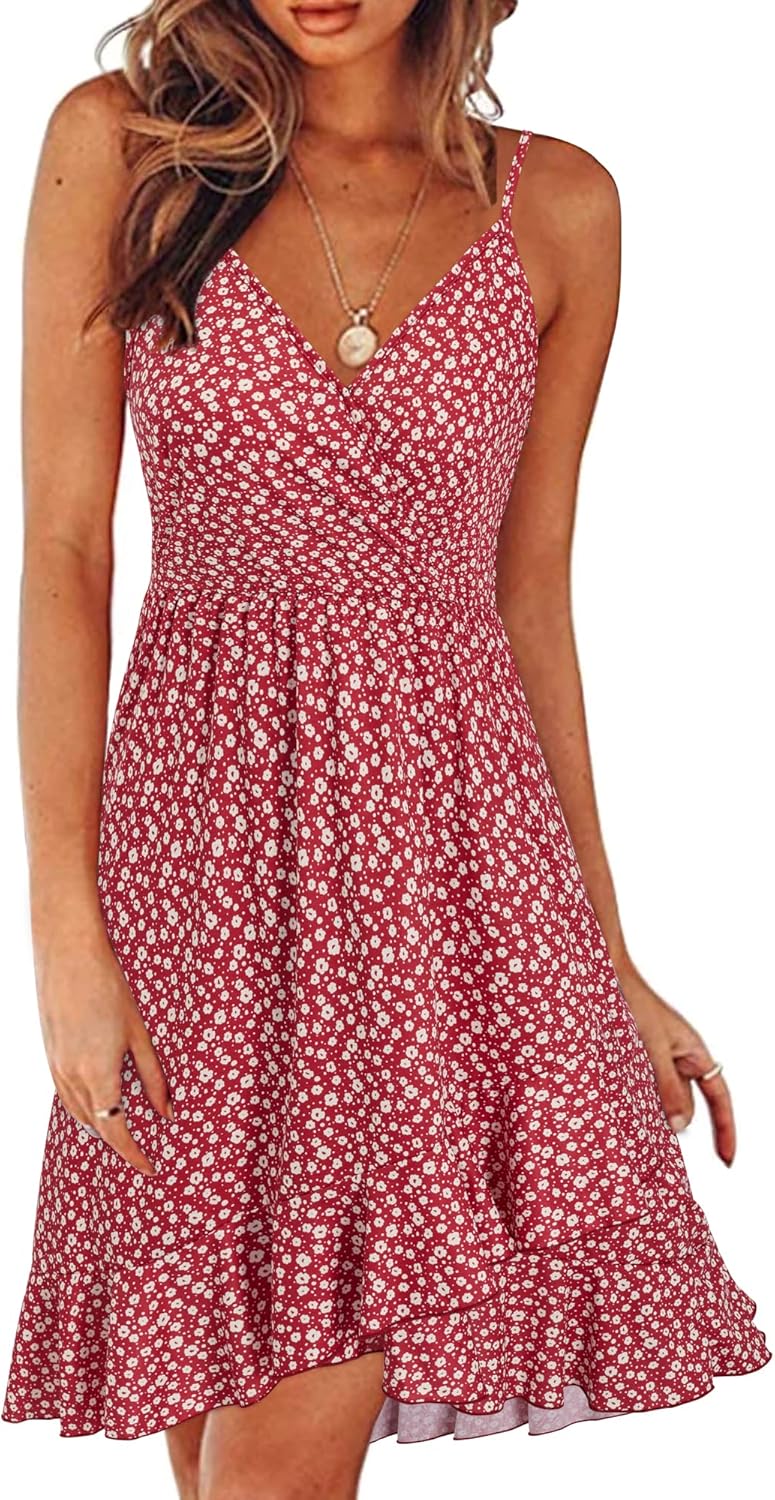 ULTRANICE Womens Summer Dresses Floral V Neck Ruffled Hem Spaghetti Spring Casual Beach Outfits Flowy Wrap Sun Dress