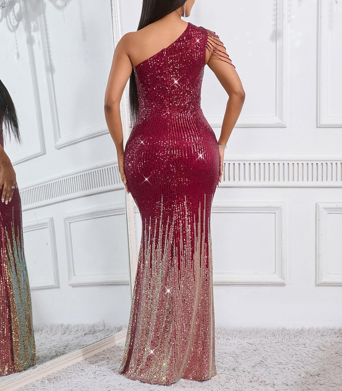 Cololura Women Sequin Elegant Sexy One Shoulder Tassel Mermaid Bodycon Cocktail Evening Dress