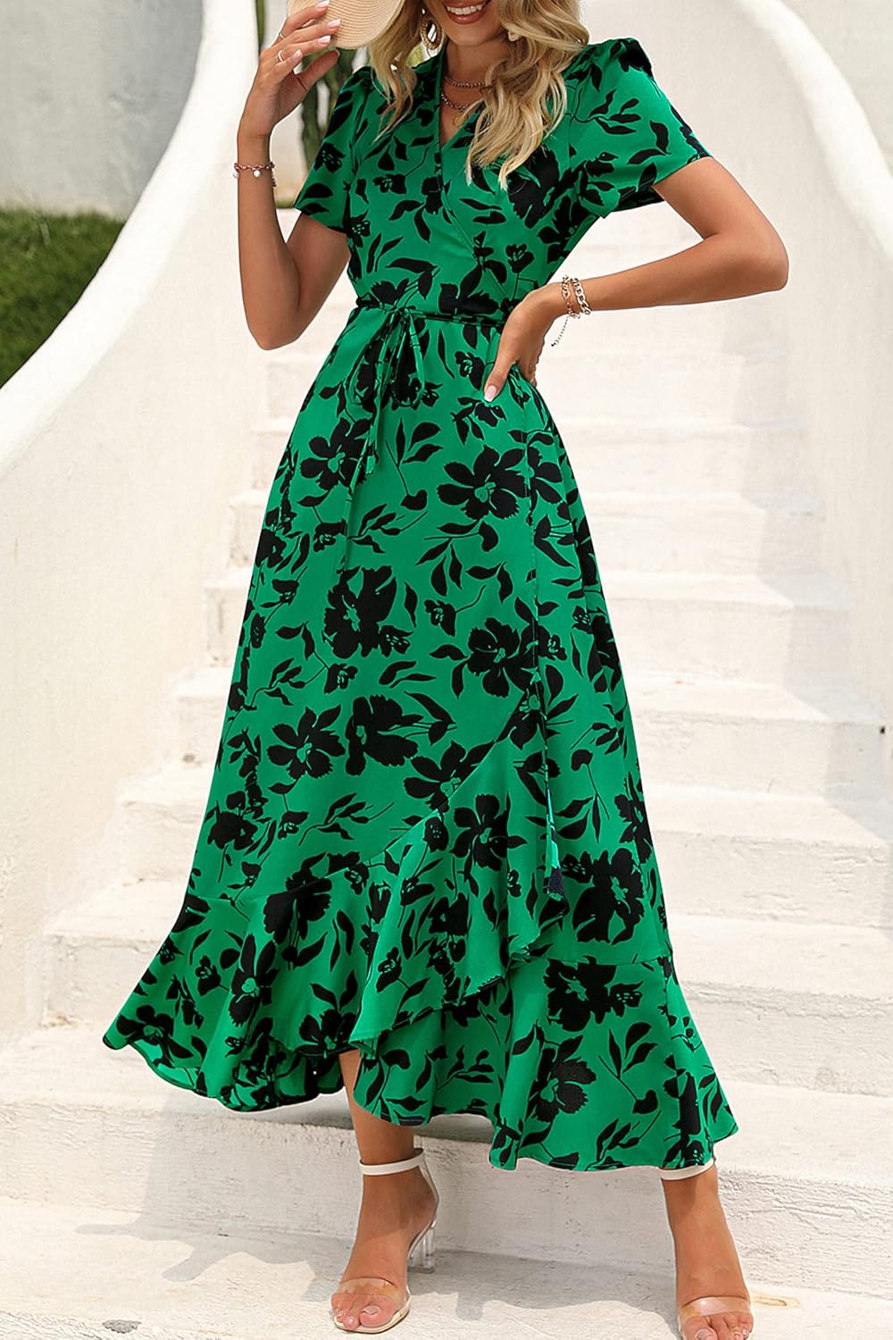 PRETTYGARDEN Women's Summer Wrap Maxi Dress Casual Short Sleeve Floral Boho V Neck Split Ruffle Beach Long Dresses