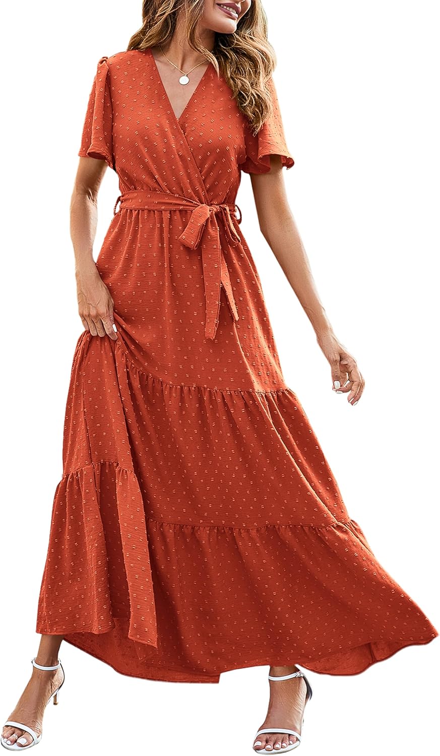 MASCOMODA Womens Boho Swiss Dot Maxi Dresses Wrap V Neck Flutter Short Sleeve Solid Tie Belt A Line Tiered Flowy Long Dress