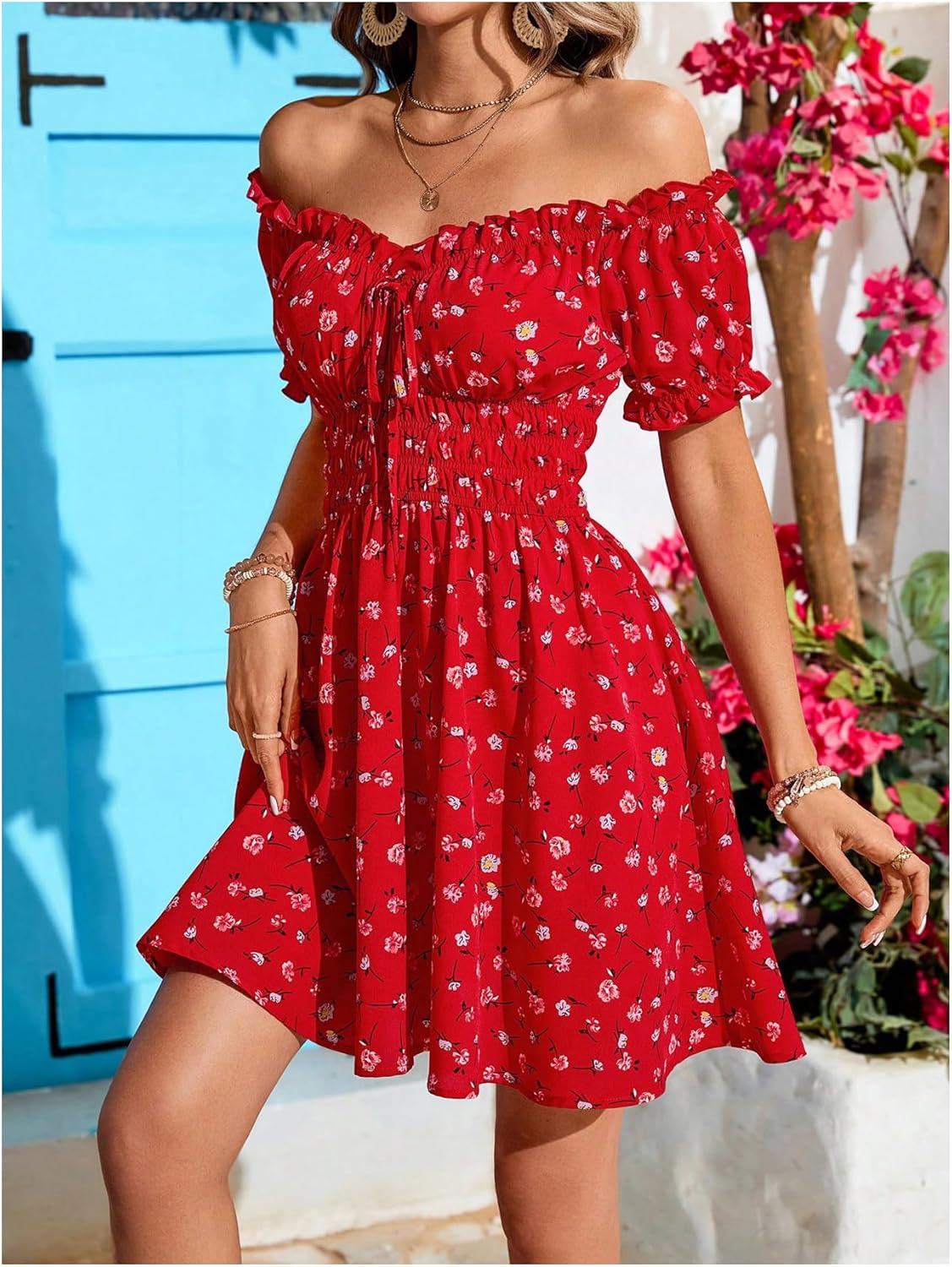 Milumia Women's Floral Off Shoulder Puff Sleeve Short Dress Boho Frill Trim A Line Mini Dresses