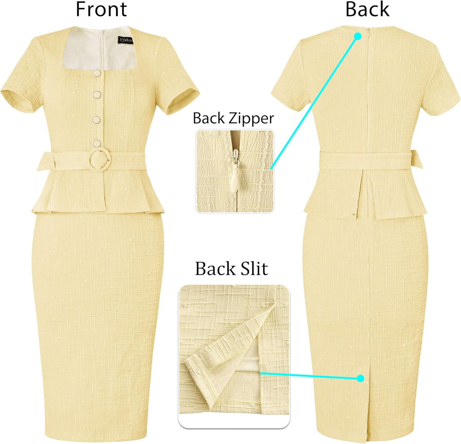 VFSHOW Womens 2024 Business Work Office Square Neck Belted Peplum Buttons Slim Bodycon Sheath Dress