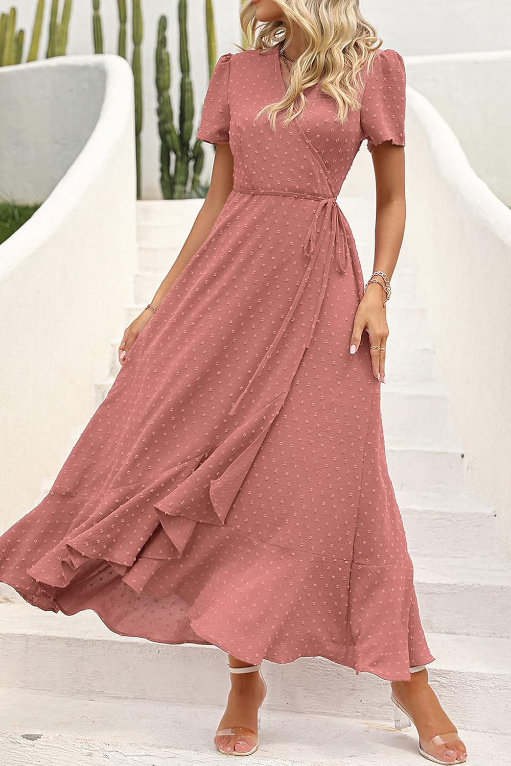 PRETTYGARDEN Women's Summer Wrap Maxi Dress Casual Short Sleeve Floral Boho V Neck Split Ruffle Beach Long Dresses