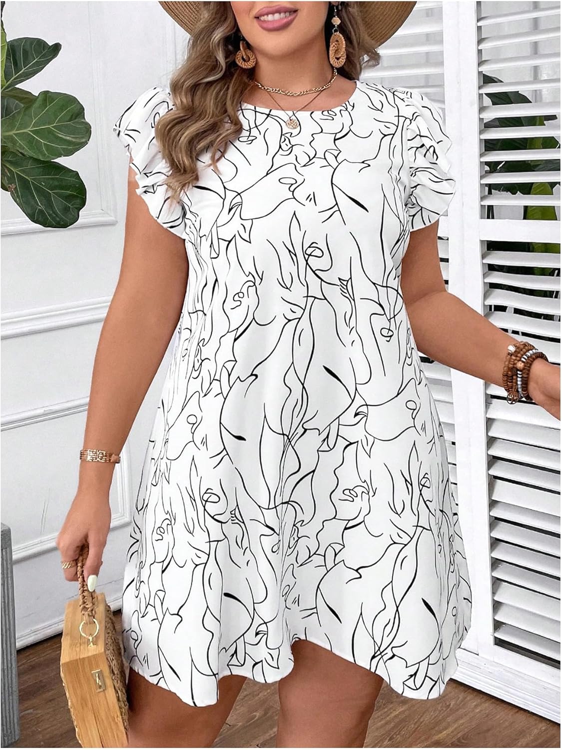SOLY HUX Women's Plus Size Summer Dress Graphic Print Ruffle Cap Sleeve Loose Short Dresses