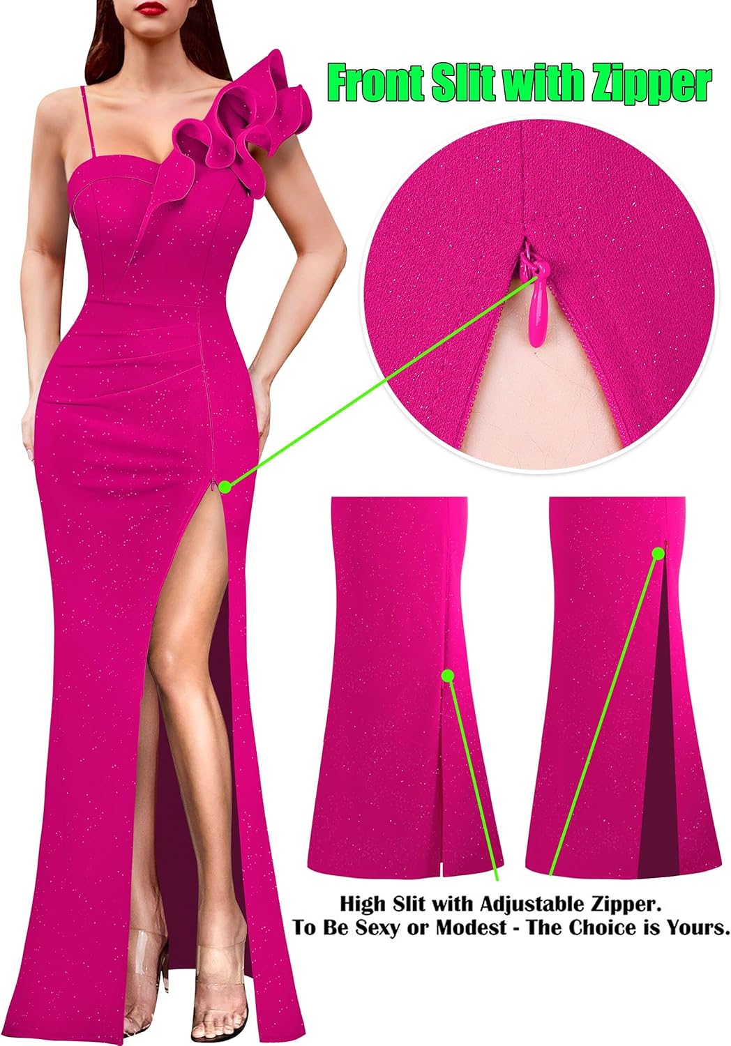 VFSHOW Womens Ruffle One Shoulder Strap Ruched Formal Prom Wedding Maxi Dress V Neck Elegant Split Cocktail Evening Long Gown