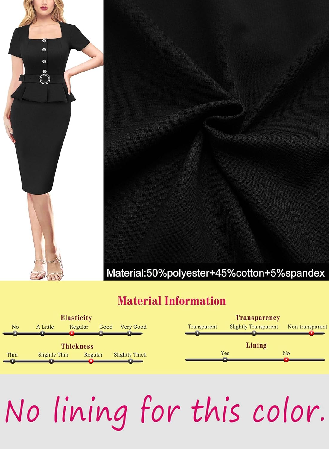 VFSHOW Womens 2024 Business Work Office Square Neck Belted Peplum Buttons Slim Bodycon Sheath Dress