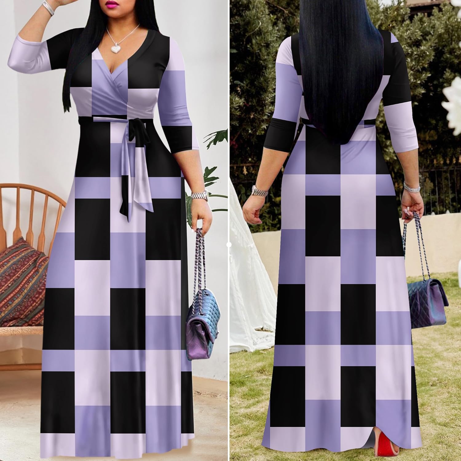 FANDEE Plus Size Maxi Dress for Women Casual Summer Sundress V-Neck 3/4 Sleeve