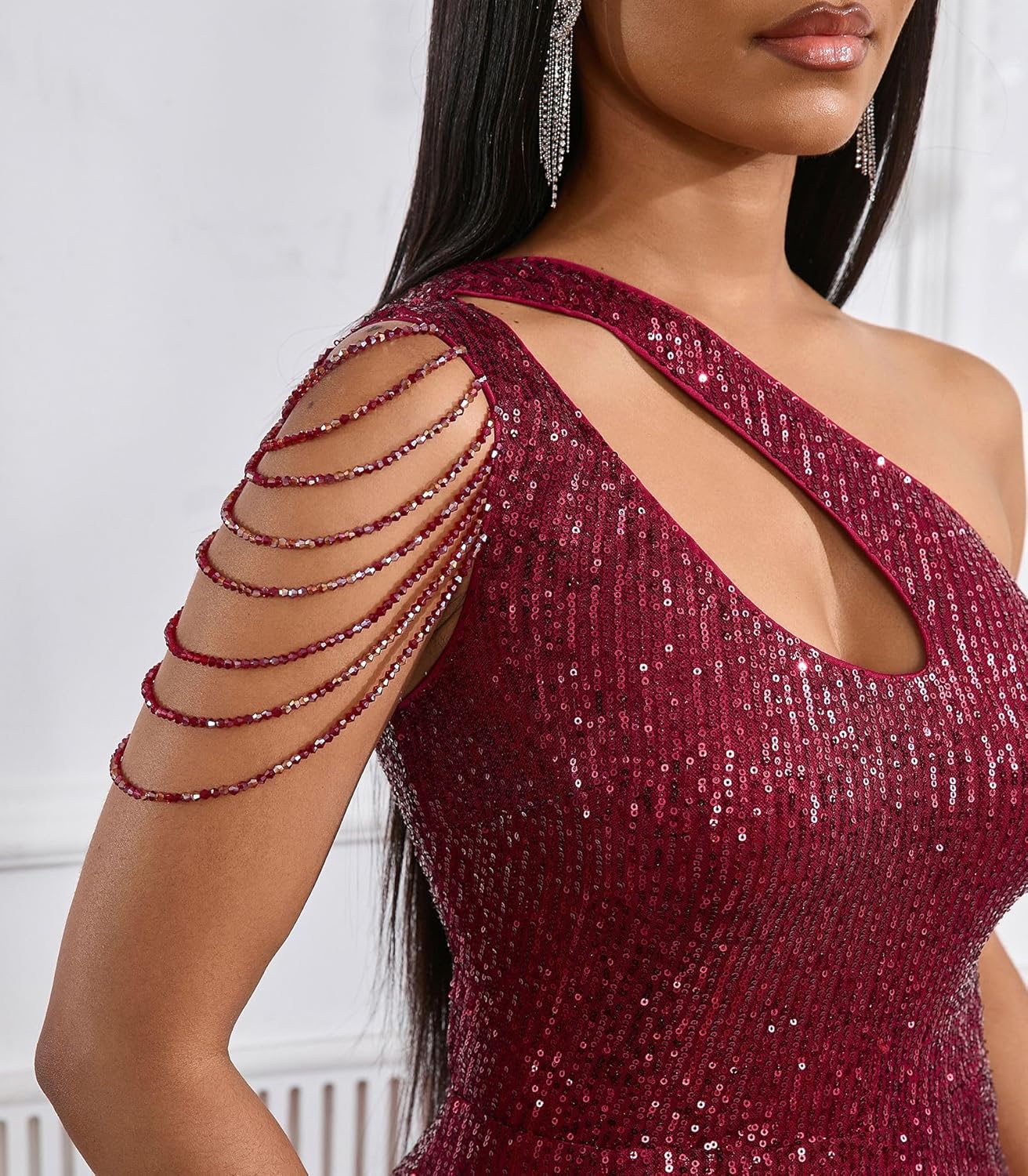 Cololura Women Sequin Elegant Sexy One Shoulder Tassel Mermaid Bodycon Cocktail Evening Dress