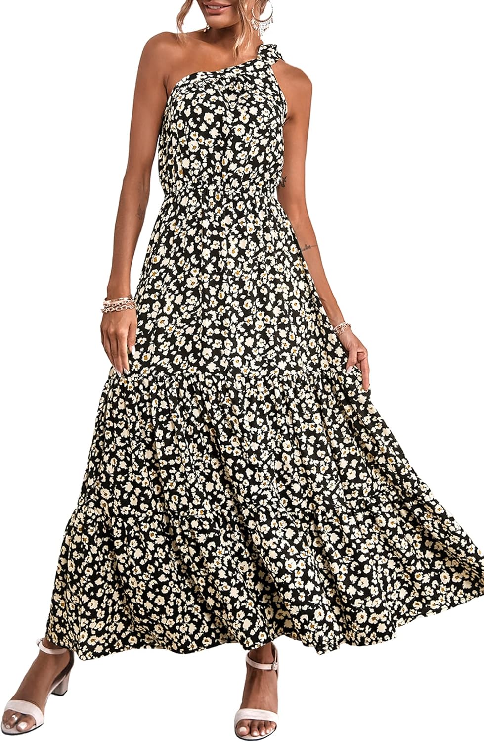 PRETTYGARDEN Women's Summer Floral Maxi Dress Knot One Shoulder Sleeveless Ruffle Flowy Boho Beach Wedding Guest Dresses