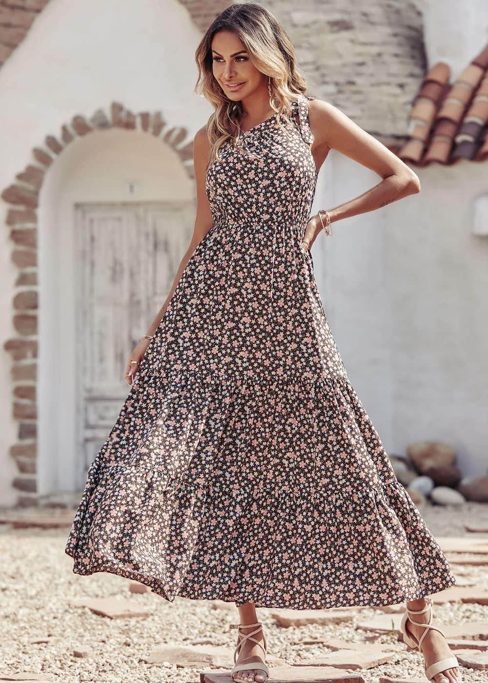 PRETTYGARDEN Women's Summer Floral Maxi Dress Knot One Shoulder Sleeveless Ruffle Flowy Boho Beach Wedding Guest Dresses