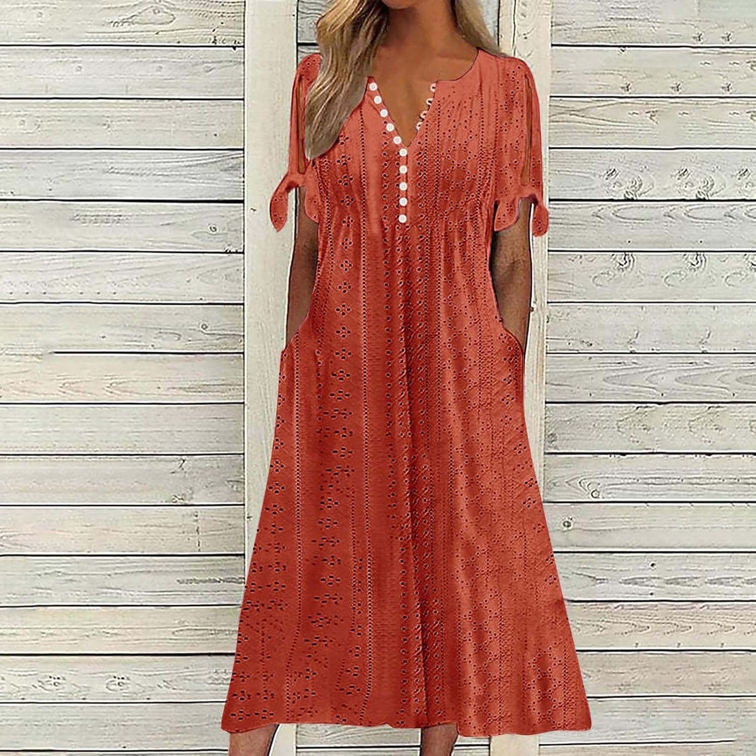 ZYXTIM Womens Eyelet Dress V Neck Short Sleeve Hollow Out Summer Beach Vacation Dresses Swing A Line Vintage Long Dresses