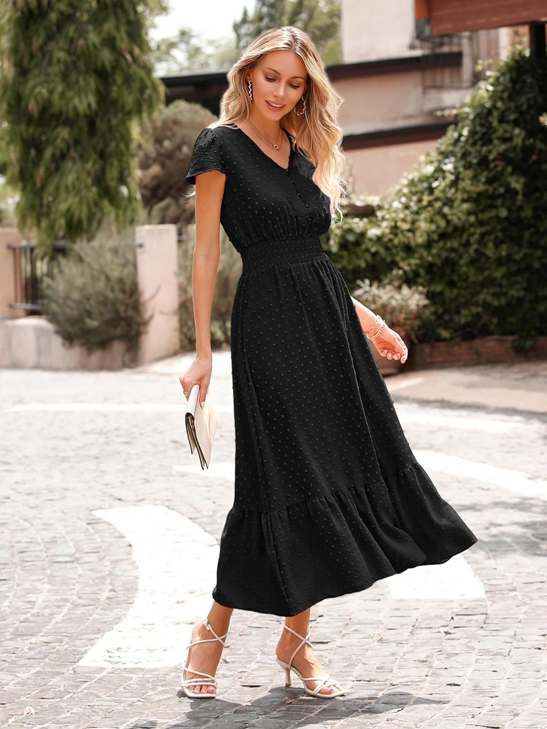 PRETTYGARDEN Womens Dresses 2025 Summer Maxi Dress Boho Short Sleeve V Neck Swiss Dot Ruffle Tiered Smocked Flowy Long Dress