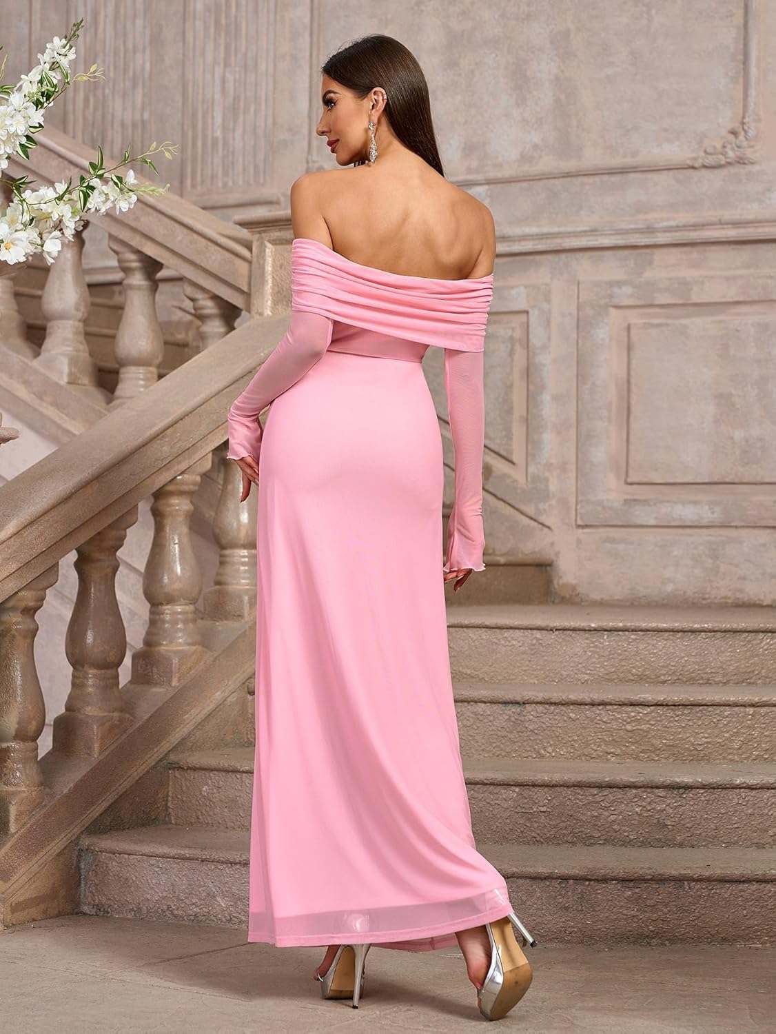KUTUMAI Women Off Shoulder Bodycon Maxi Dress Long Sleeve Mesh Ruched Party Formal Wedding Guest Dresses