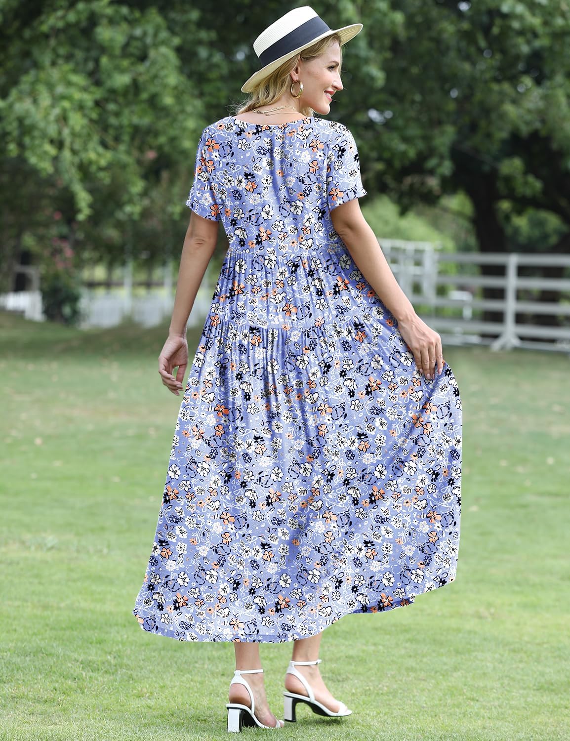 YESNO Women Casual Loose Bohemian Floral Dress with Pockets Short Sleeve Long Maxi Summer Beach Swing Dress EJF