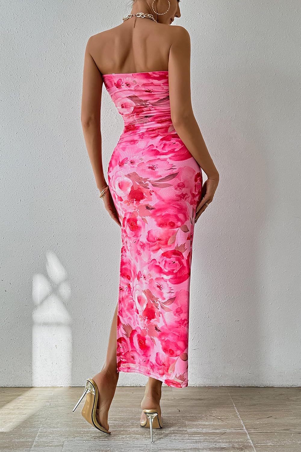PRETTYGARDEN Women's Summer Maxi Bodycon Dresses Strapless Tube Top Printed Long Party Club Slit Dress