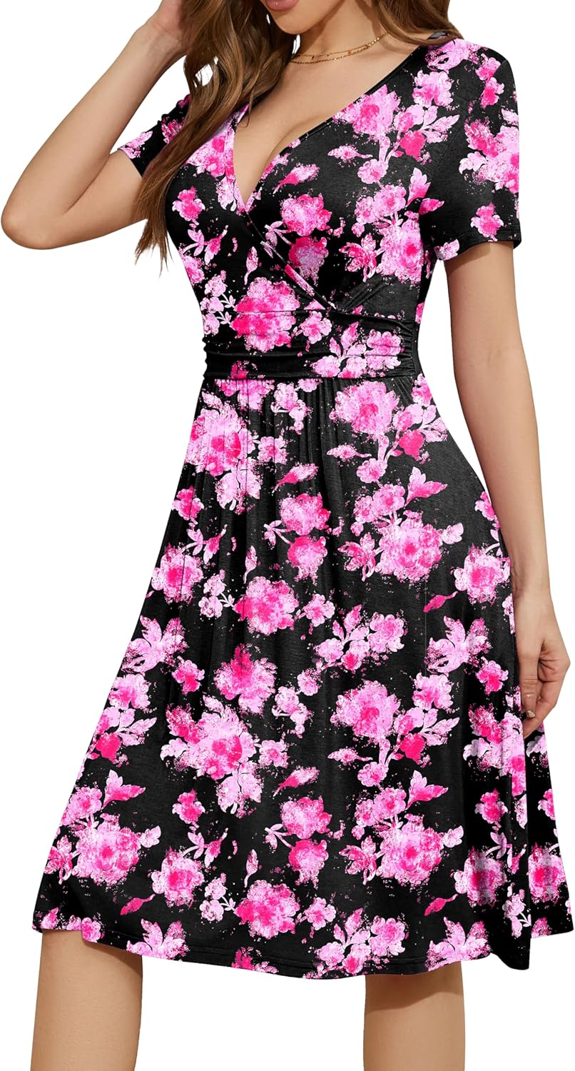 WEACZZY Women's Summer Short Sleeve Casual Dresses V-Neck Floral Party Dress with Pockets