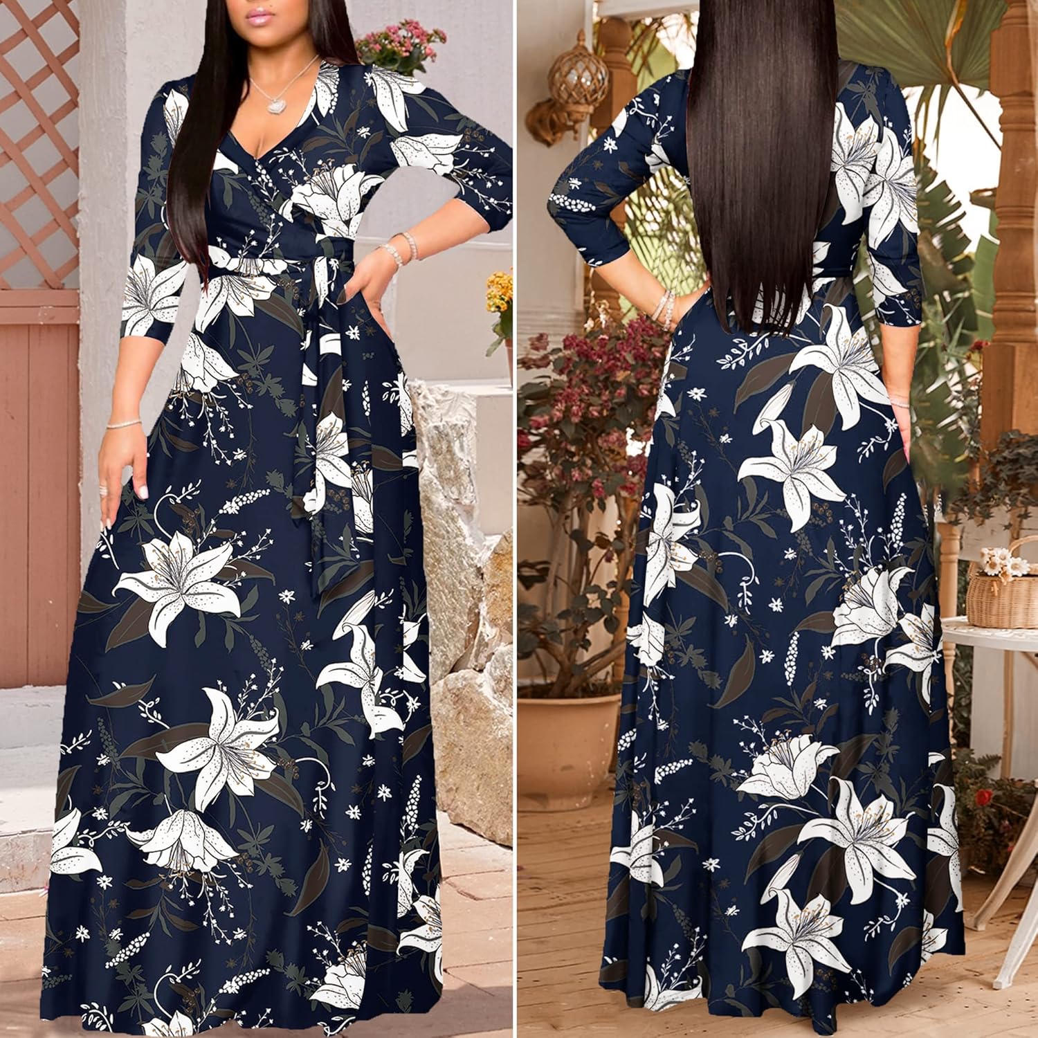 FANDEE Plus Size Maxi Dress for Women Casual Summer Sundress V-Neck 3/4 Sleeve