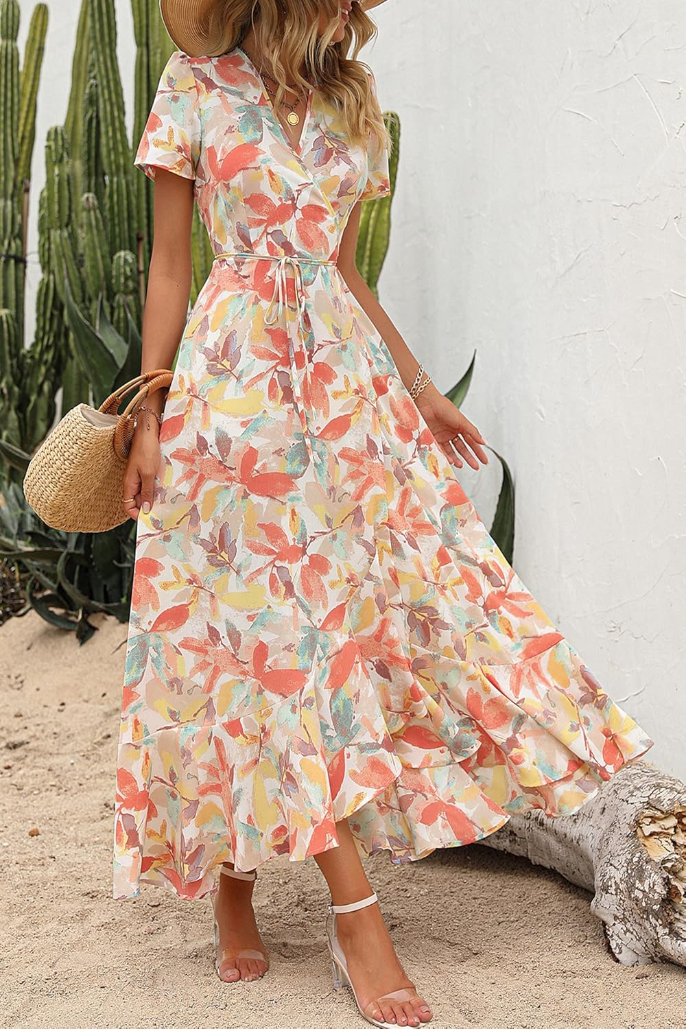 PRETTYGARDEN Women's Summer Wrap Maxi Dress Casual Short Sleeve Floral Boho V Neck Split Ruffle Beach Long Dresses