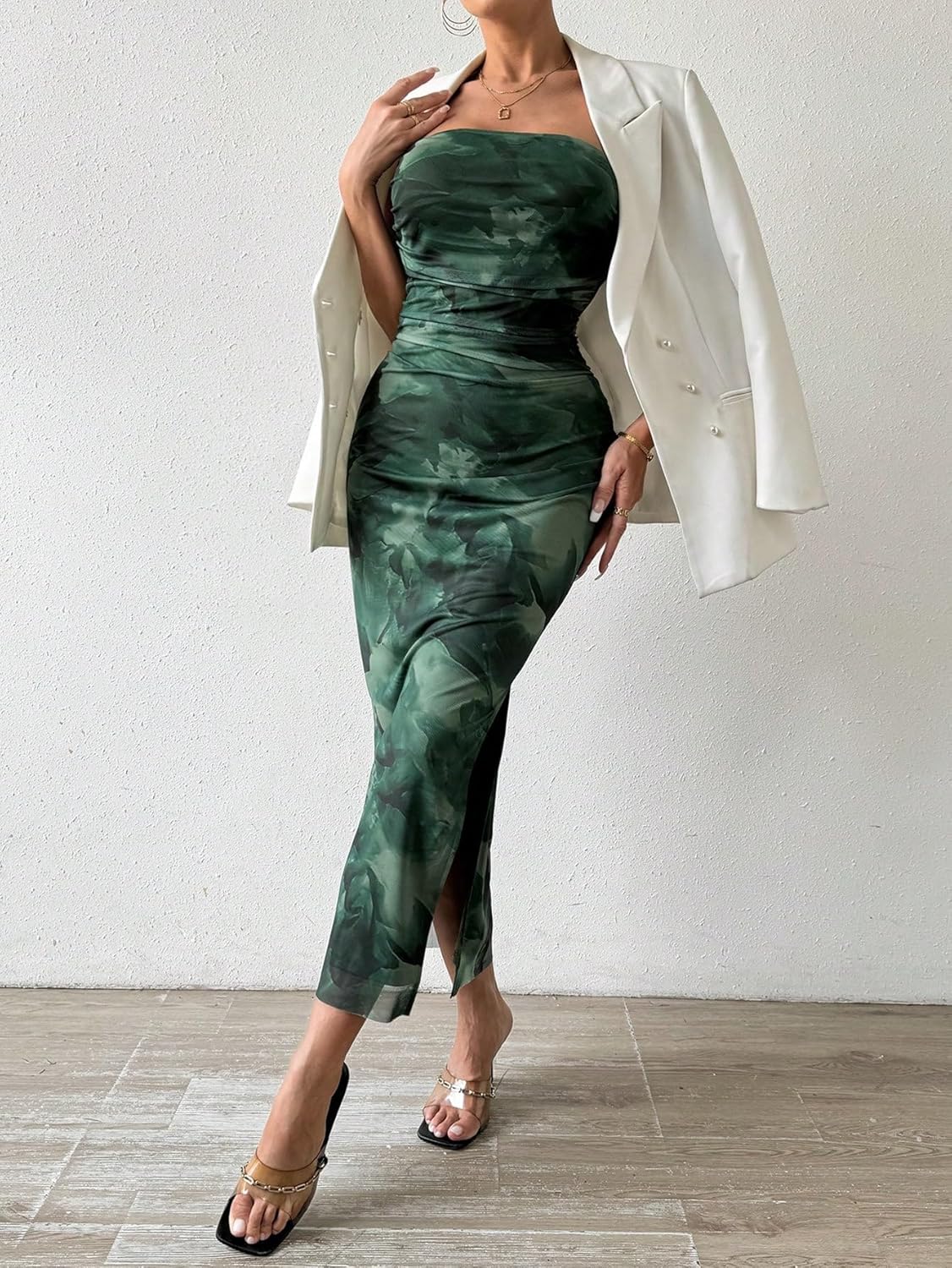 Milumia Women's Printed Strapless Tube Top Long Dress Slit Hem Sleeveless Bodycon Maxi Dresses
