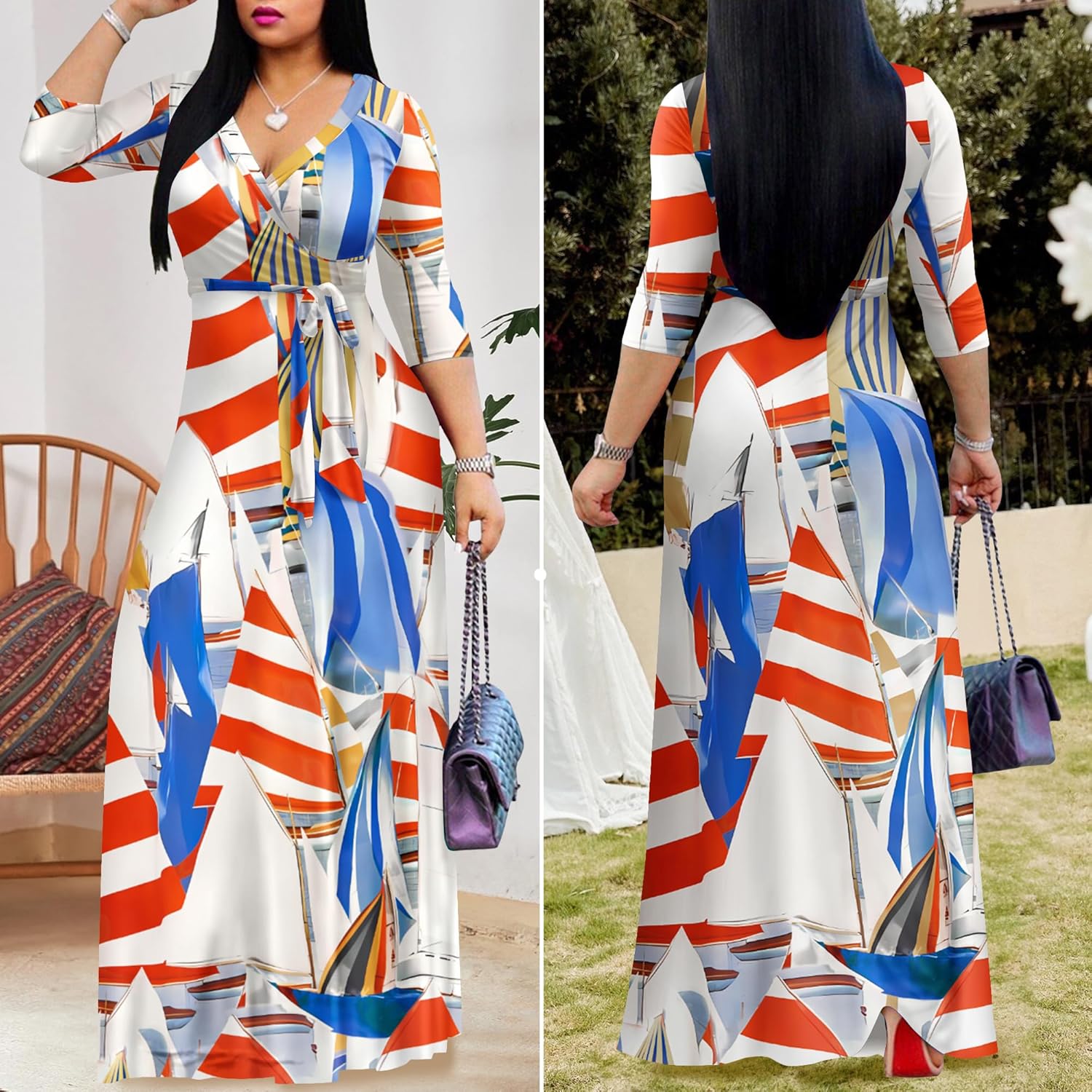 FANDEE Plus Size Maxi Dress for Women Casual Summer Sundress V-Neck 3/4 Sleeve