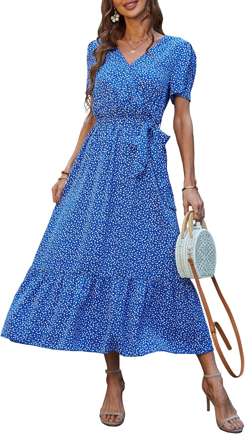 PRETTYGARDEN Women's Summer Floral Boho Dress Wrap V Neck Short Sleeve Ruffle A-Line Flowy Maxi Wedding Guest Dresses