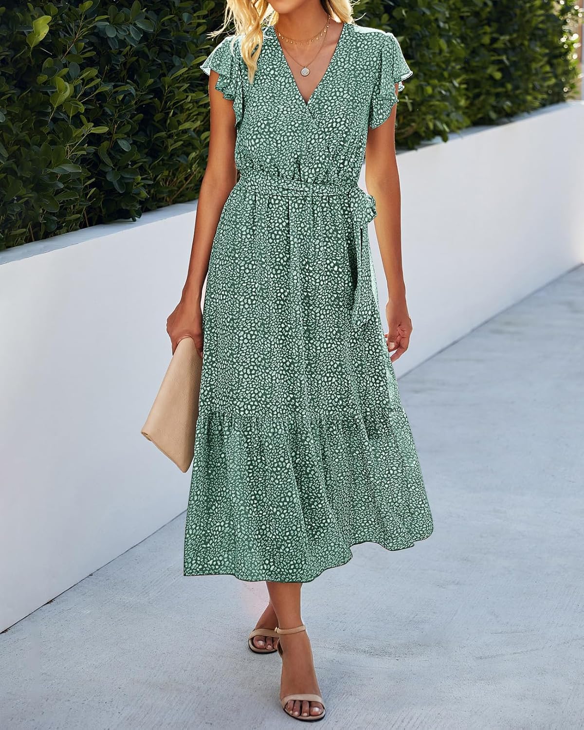 BTFBM Women Summer Bohemian Floral Casual Wrap V Neck Ruffle Cap Sleeveless Belt A-Line Pleated Hem Midi Sun Dress White