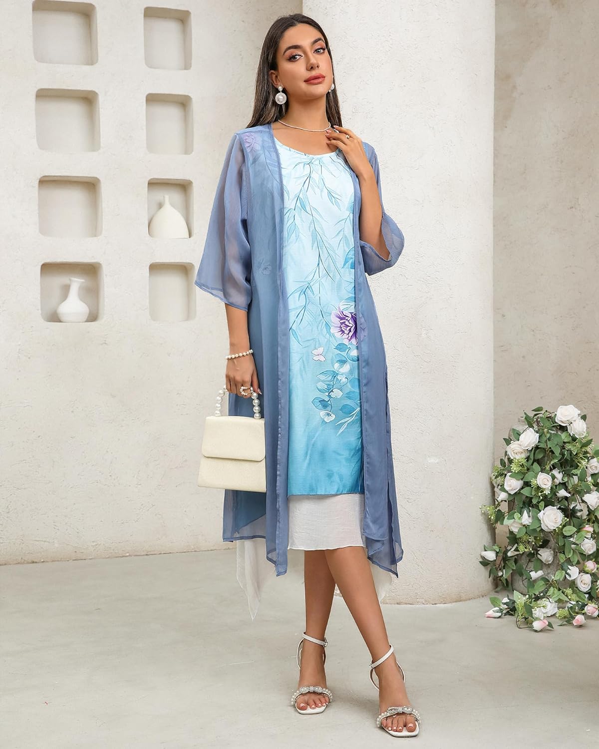 Honwenle Women's Linen Dress 2 Piece Outfit Floral Sleeveless Loose Maxi Summer Dresses with Jacket Formal Casual