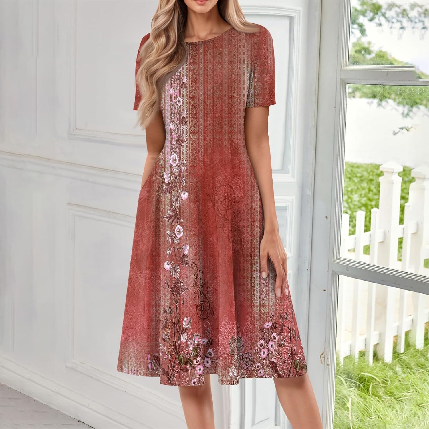 Summer Dresses for Women 2025 Crew Neck Short Sleeve Boho Beach Vacation Floral/Solid Midi Sundresses with Pockets