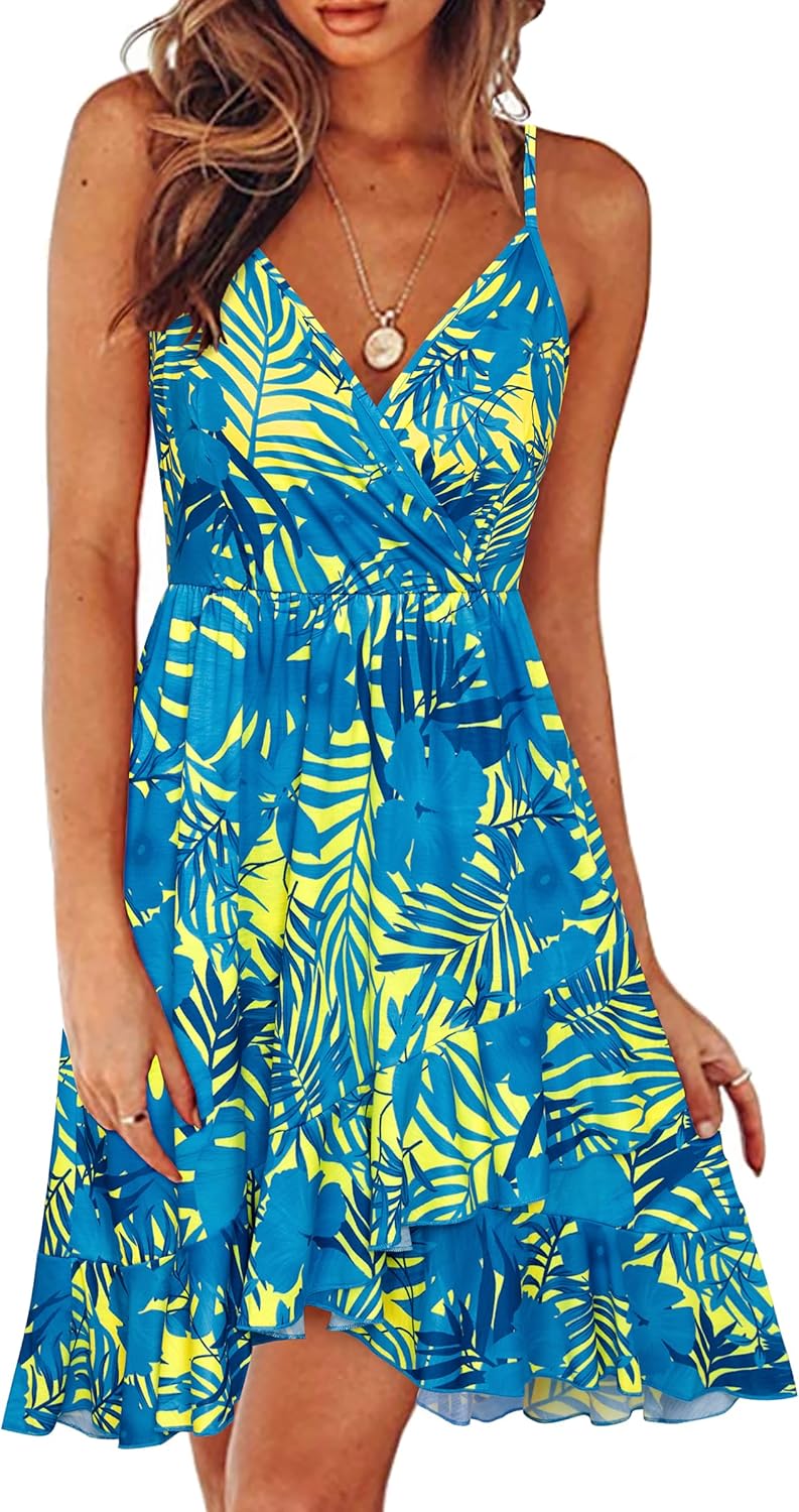 ULTRANICE Womens Summer Dresses Floral V Neck Ruffled Hem Spaghetti Spring Casual Beach Outfits Flowy Wrap Sun Dress