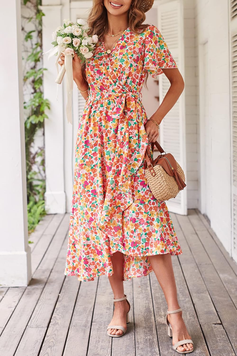 PRETTYGARDEN Women's Summer Floral Boho Dress Wrap V Neck Short Sleeve Ruffle A-Line Flowy Maxi Wedding Guest Dresses