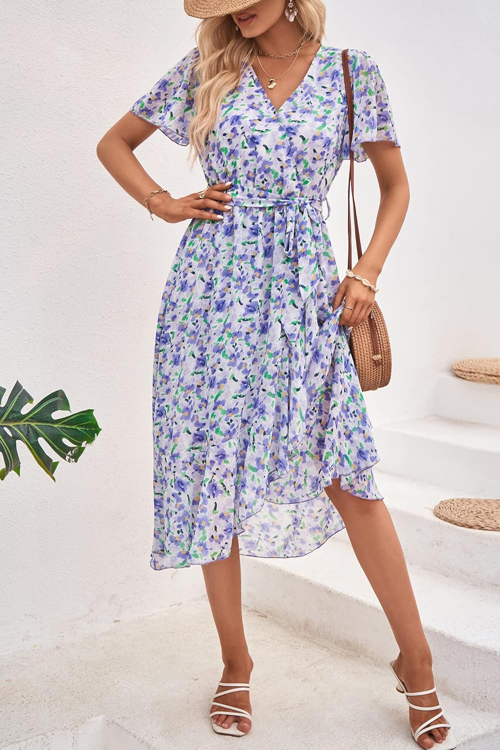PRETTYGARDEN Women's Summer Floral Boho Dress Wrap V Neck Short Sleeve Ruffle A-Line Flowy Maxi Wedding Guest Dresses