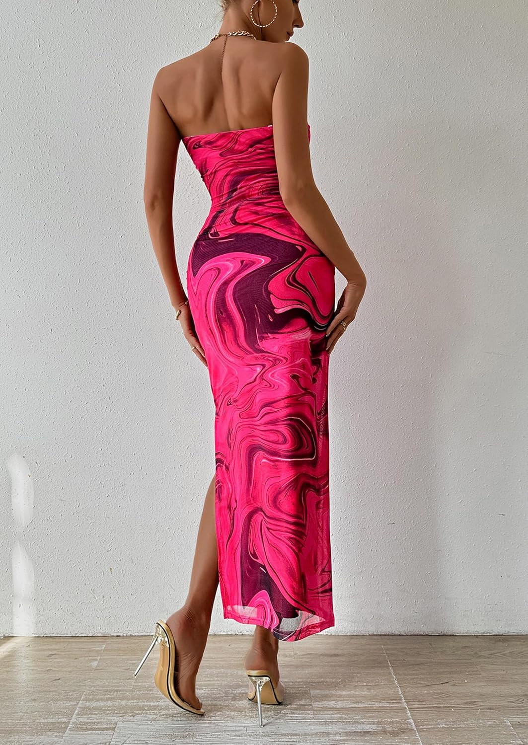 PRETTYGARDEN Women's Summer Maxi Bodycon Dresses Strapless Tube Top Printed Long Party Club Slit Dress