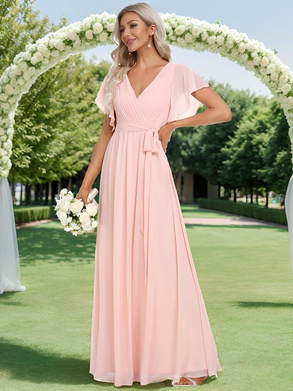 Ever-Pretty Women's Bridesmaid Dress V-Neck Ruffle Sleeves Ruched Bust Floor Length Chiffon Formal Dresses 0164A