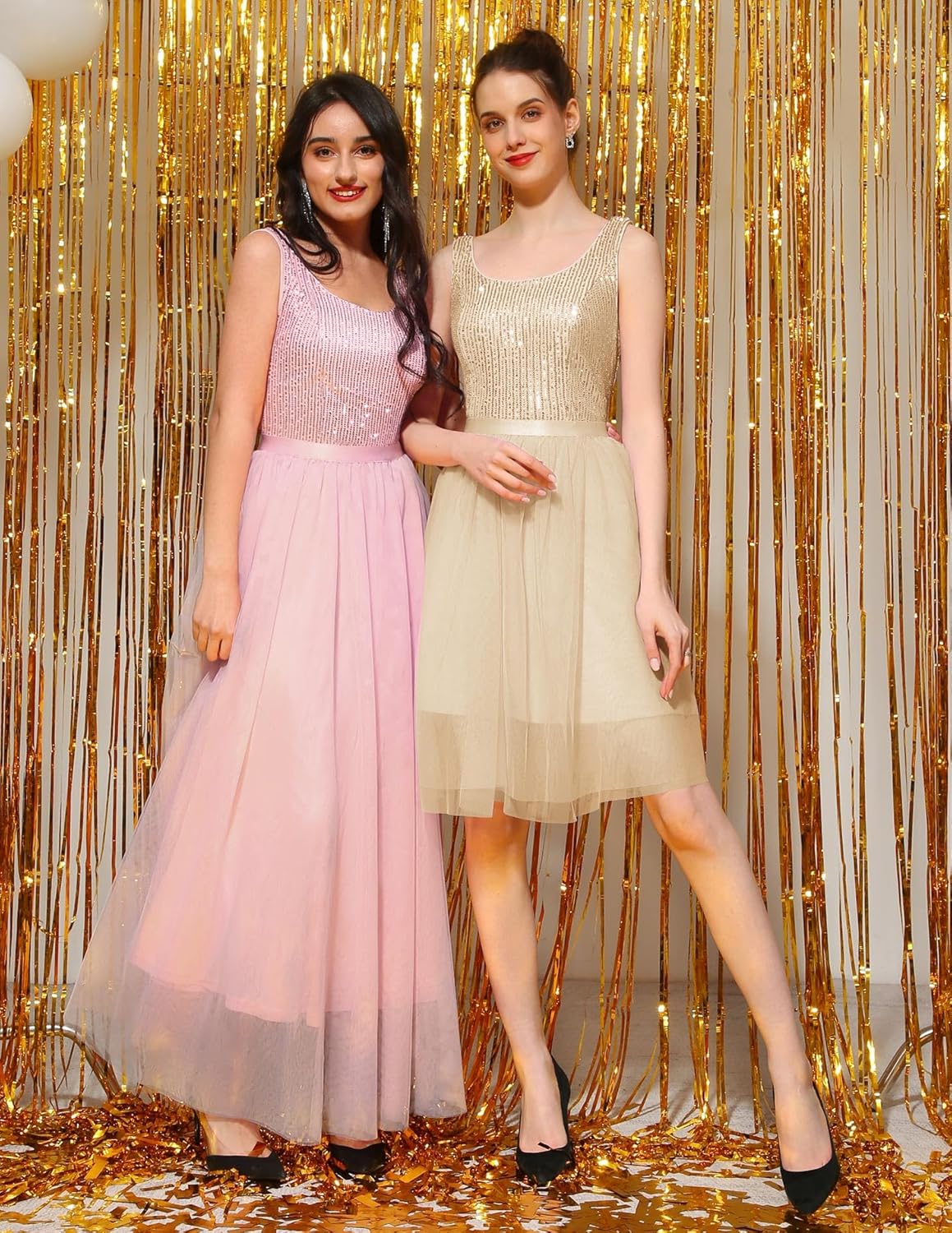 BeryLove Sequin Dress for Woman Vintage A Line Wedding Formal Swing Mesh Dress Sleeveless Cocktail Maxi Gowns
