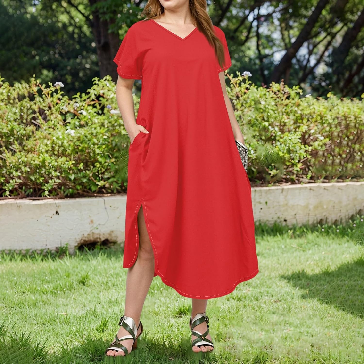 Maxi Dresses for Women 2025 Plus Size Tie Dye V Neck Dress Short Sleeve Side Split Beach Summer Sundress with Pocket