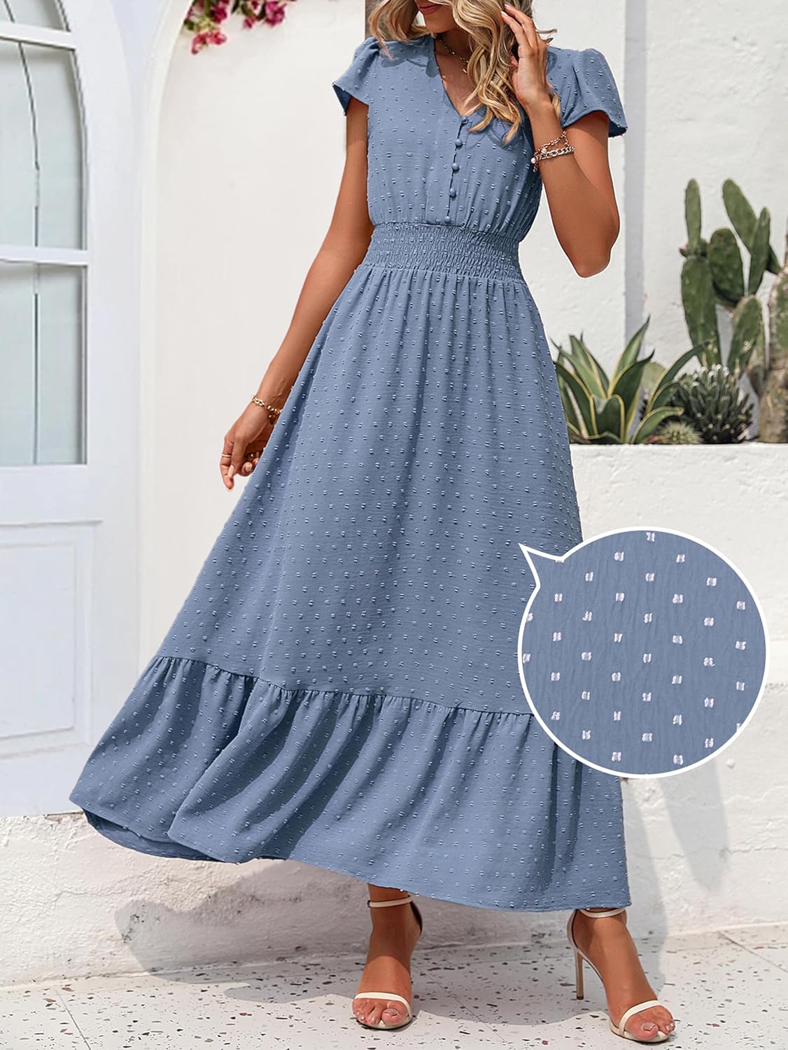 PRETTYGARDEN Womens Dresses 2025 Summer Maxi Dress Boho Short Sleeve V Neck Swiss Dot Ruffle Tiered Smocked Flowy Long Dress