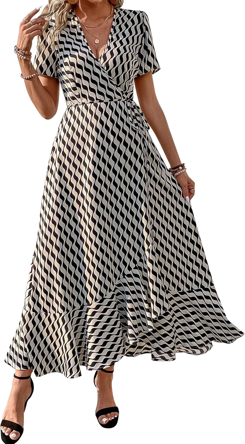 PRETTYGARDEN Women's Summer Wrap Maxi Dress Casual Short Sleeve Floral Boho V Neck Split Ruffle Beach Long Dresses