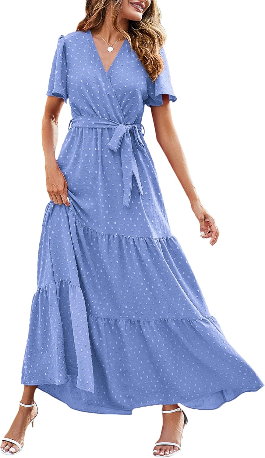MASCOMODA Womens Boho Swiss Dot Maxi Dresses Wrap V Neck Flutter Short Sleeve Solid Tie Belt A Line Tiered Flowy Long Dress