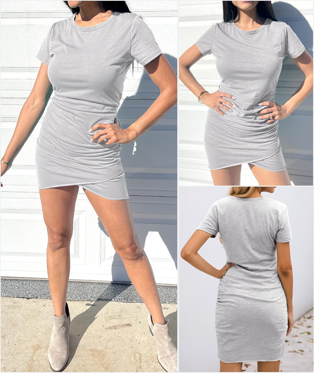 BTFBM Women's 2025 Summer Casual Beach Dresses Crew Neck Short Sleeve Wrap Party Club Mini Ruched Bodycon T Shirt Dress