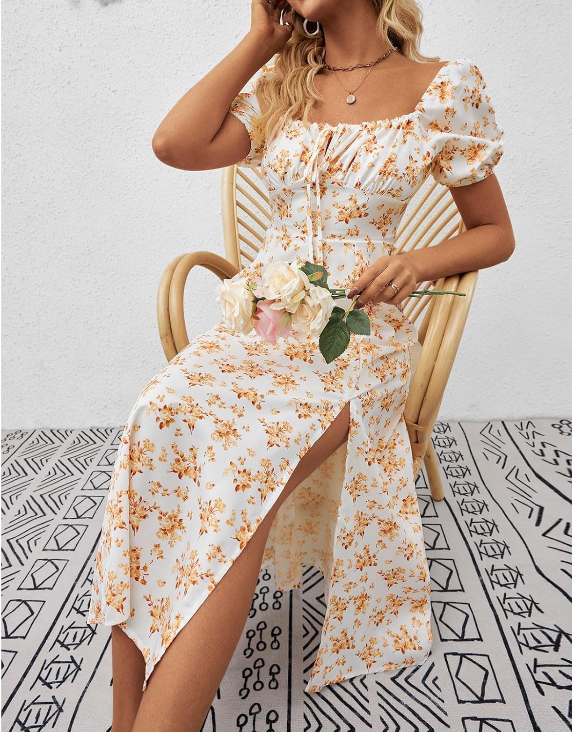 Women's Sundresses 2025 Summer Casual Loose Trendy Bubble Sleeve Square Neck Split Bow Floral Print Dress Plus Size, XS-3XL