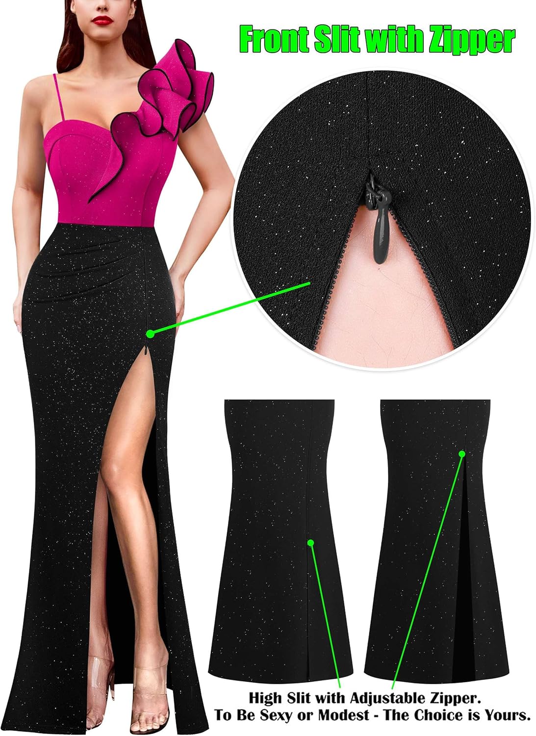 VFSHOW Womens Ruffle One Shoulder Strap Ruched Formal Prom Wedding Maxi Dress V Neck Elegant Split Cocktail Evening Long Gown