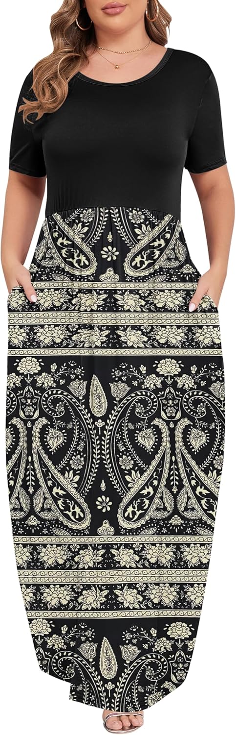 KARALIN Women’s Plus Size Maxi Dresses for Curvy Women Summer Casual Short Sleeve 2025 Long Dress 14W-26W