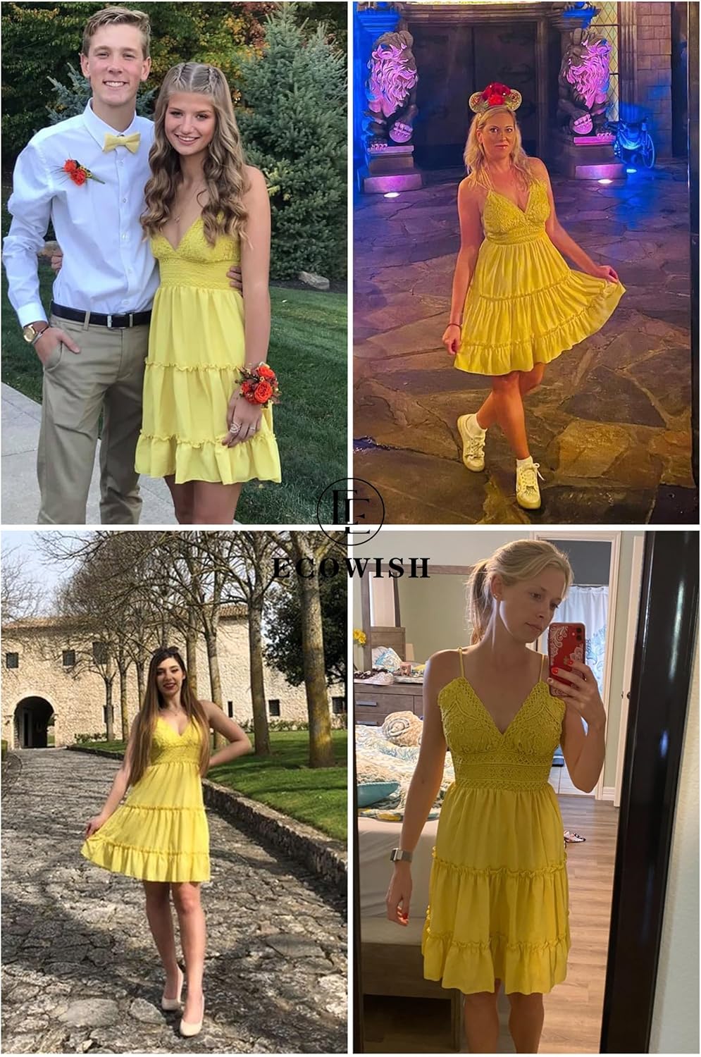 ECOWISH Summer Dresses for Women 2025 V-Neck Spaghetti Strap Bowknot Backless Sleeveless Lace Mini Swing Skater Dress